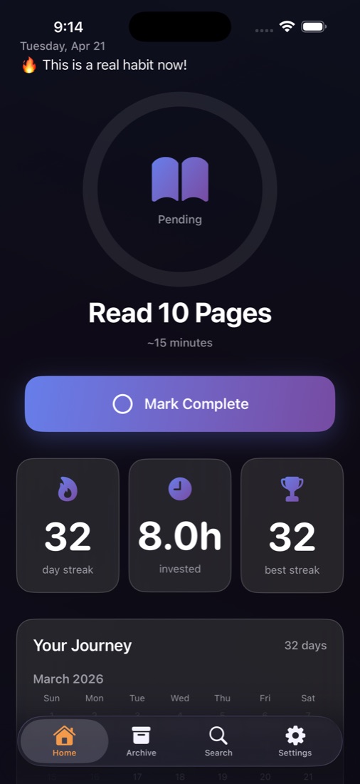 Micro-Habits — home tab with streak stats